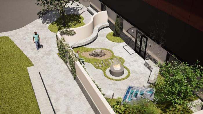 Rendering of the Joan Campbell Kennedy Meditation Garden, with a raked rock garden, a fire bowl and a water feature