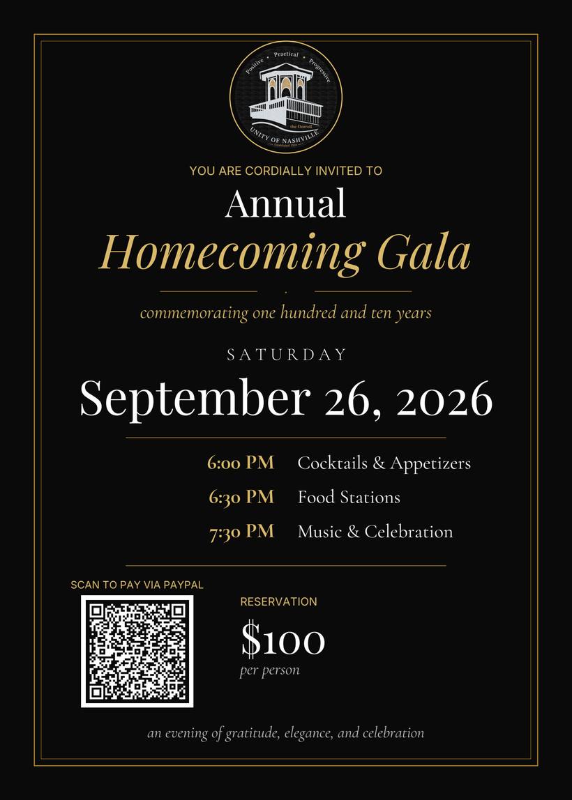 Invitation: Annual Homecoming Gala, Saturday 26 September 2026. 6 PM cocktails and appetizers, 6:30 PM food stations, 7:30 PM music and celebration. Reservation $100 per person.